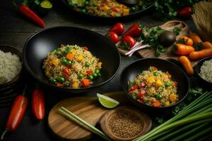 Fried rice with vegetables. AI Generative Pro Photo