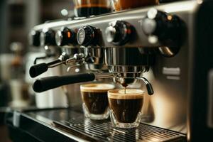 Espresso pouring from coffee machine at cafe. AI Generative Pro Photo