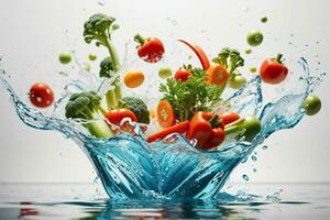 Water splash on vegetables. AI Generative Pro Photo