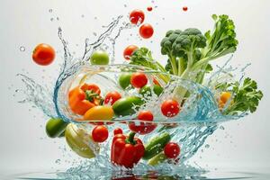 Water splash on vegetables. AI Generative Pro Photo