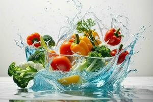 Water splash on vegetables. AI Generative Pro Photo