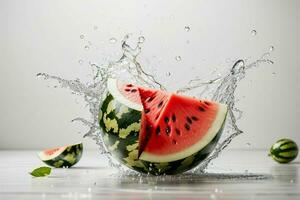 Water splash on a watermelon fruit. AI Generative Pro Photo