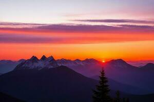 mountain silhouettes at sunset. AI Generative Pro Photo