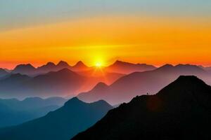 mountain silhouettes at sunrise. AI Generative Pro Photo