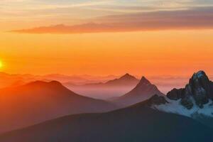 mountain silhouettes at sunrise. AI Generative Pro Photo