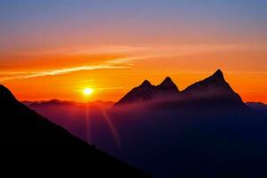 mountain silhouettes at sunrise. AI Generative Pro Photo