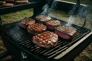 Beef steaks on the grill. AI Generative Pro Photo