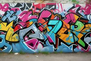 Vibrant graffiti mural on the wall background. AI Generative Pro Photo