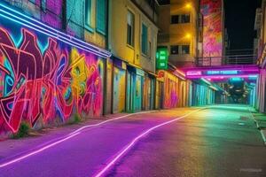 Vibrant graffiti mural on the wall background. AI Generative Pro Photo