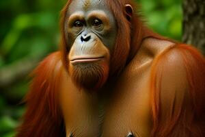 Portrait orangutan on the forest. AI Generative Pro Photo