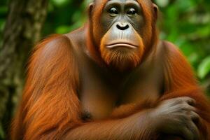 Portrait orangutan on the forest. AI Generative Pro Photo