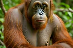 Portrait orangutan on the forest. AI Generative Pro Photo