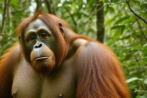 Portrait orangutan on the forest. AI Generative Pro Photo