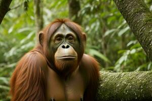 Portrait orangutan on the forest. AI Generative Pro Photo