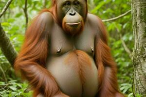 Portrait orangutan on the forest. AI Generative Pro Photo