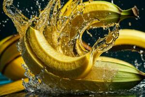 Fresh banana in water splash. AI Generative Pro Photo