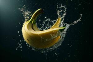 Fresh banana in water splash. AI Generative Pro Photo