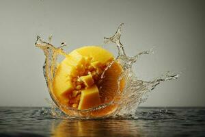 Fresh juicy manggo with water splash. AI Generative Pro Photo