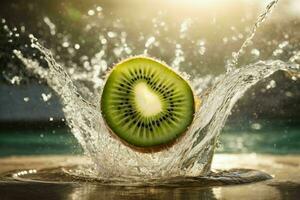 Water splashes on kiwi. AI Generative Pro Photo