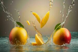 Fresh juicy manggo with water splash. AI Generative Pro Photo