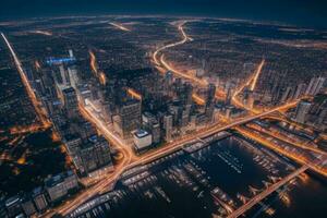 Aerial view of a cityscape at night background. AI Generative Pro Photo