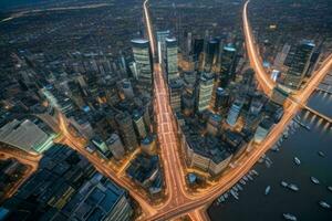 Aerial view of a cityscape at night background. AI Generative Pro Photo