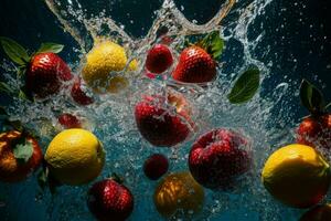 Fresh fruits in water splash. AI Generative Pro Photo