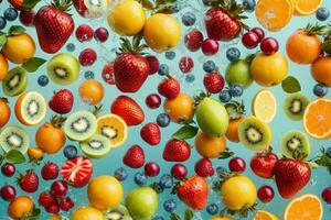 Fresh fruits in water splash. AI Generative Pro Photo