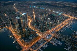 Aerial view of a cityscape at night background. AI Generative Pro Photo