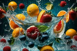 Fresh fruits in water splash. AI Generative Pro Photo