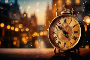 Vintage New Years Eve clocks close up photography background with empty space for text photo