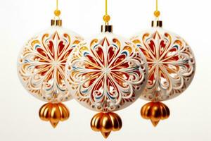 Detailed shot of handcrafted New Year decorations isolated on a white background photo