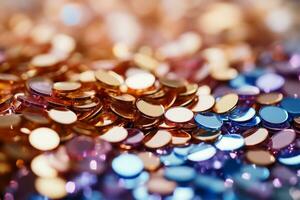 Macro capture of glittering New Year sequins background with empty space for text photo
