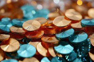 Macro capture of sparkling New Years glitter and sequin decorations isolated on a white background photo