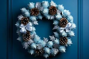 Traditional frosty pinecone door wreath for New Year isolated on a gradient background photo