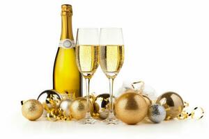 Festive New Years champagne glasses and bottles isolated on a white background photo