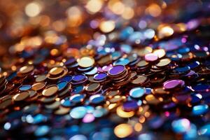 Macro shot of glittering sequins for New Year celebrations isolated on a gradient background photo