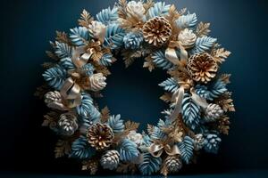 Traditional frosty pinecone door wreath for New Year isolated on a gradient background photo