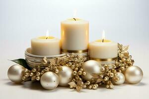 Artistic and detailed New Year candle arrangements isolated on a white background photo