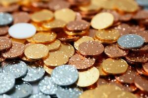 Macro capture of sparkling New Years glitter and sequin decorations isolated on a white background photo