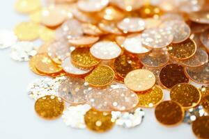 Macro capture of sparkling New Years glitter and sequin decorations isolated on a white background photo