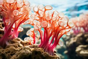 un floreciente 3d impreso arrecife rebosante con marina vida capturar el éxito de artificial habitat restauracion foto