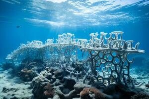 A juxtaposition of barren seabed and a restored area with 3D printed structures displaying the tangible benefits of technology in marine habitat restoration photo