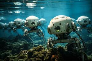 un enjambre de minúsculo robótico limpiadores trabajando en unísono claro un parche de fondo del mar encarnando un futurista solución a Oceano contaminación foto