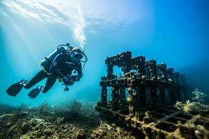 un buzo despliegue un 3d impreso estructura diseñado a apoyo algas marinas cultivo en el Oceano piso foto