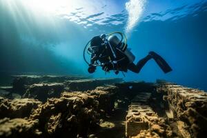 un buzo despliegue un 3d impreso estructura diseñado a apoyo algas marinas cultivo en el Oceano piso foto