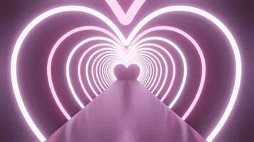 3D animated video passing through the light tunnel of pink love symbols