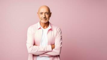 A determined man in chemotherapy isolated on a gradient background of resilience photo