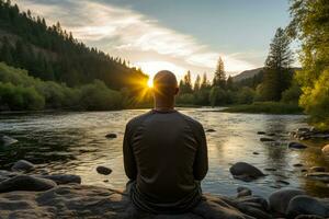 Reflective cancer patient in solitary contemplation amidst natures comforting embrace photo