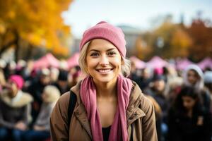 Cancer patient advocating at rally background with empty space for text photo